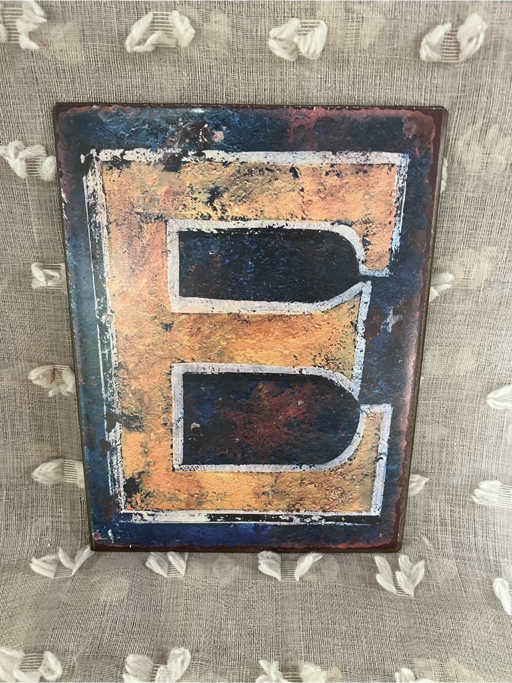 Vintage Metal Letter E Wall Plaque in Blue and Gold